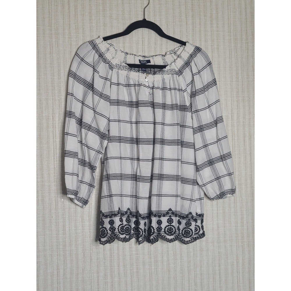 Chaps Womens White Black Plaid Embroidered Off Shoulder Top Size L
